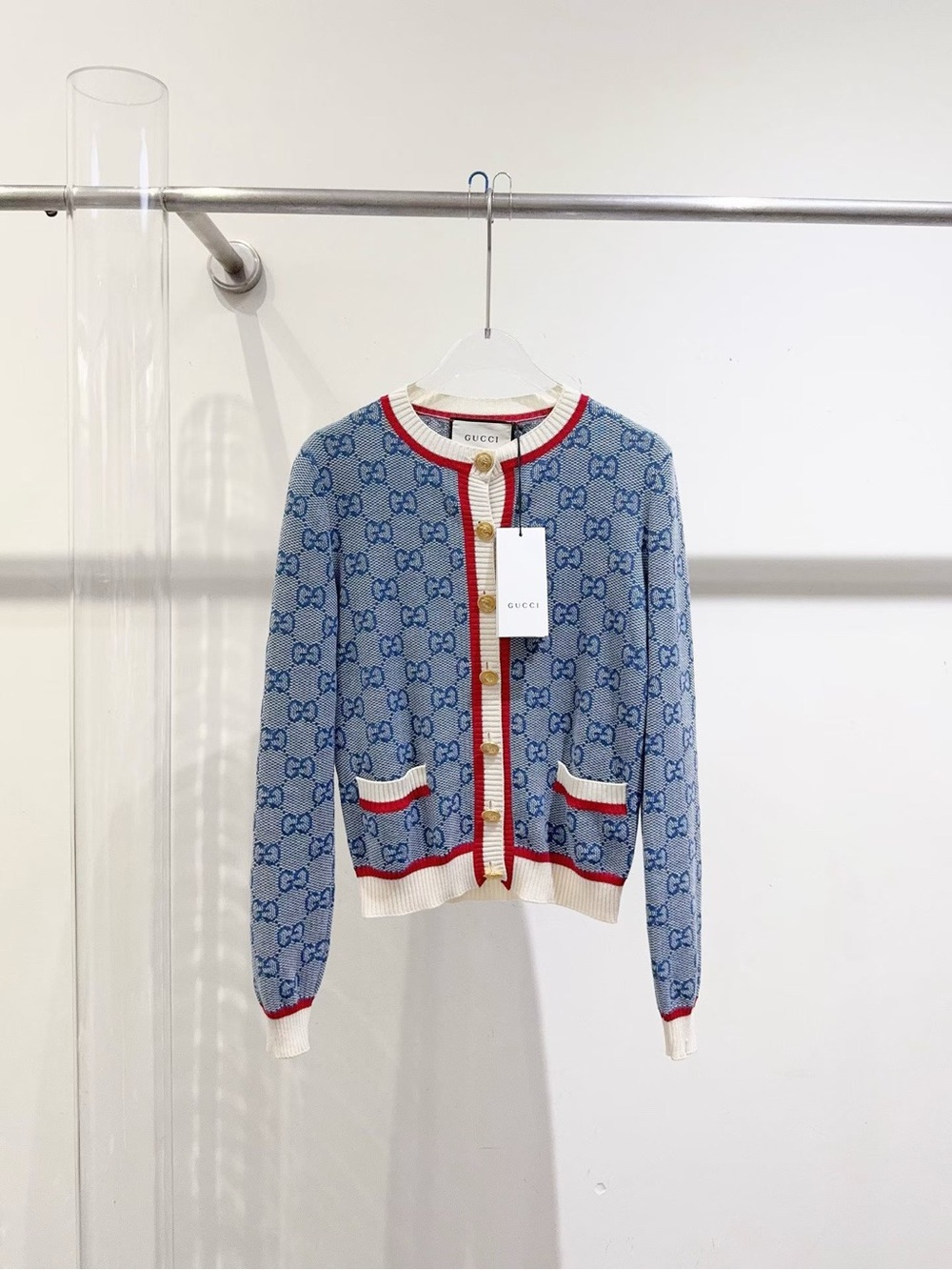 Gucci Light Blue GG Logo Cardigan with Cream and Red Trim